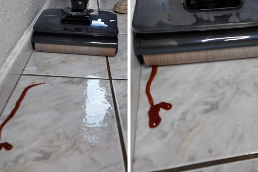 Nahaufnahme des Reinigungsergebnisses entlang einer Küchenfliese vor- und nach dem Wischvorgang von Ketchup mit dem Tineco Floor One S9 Artist.